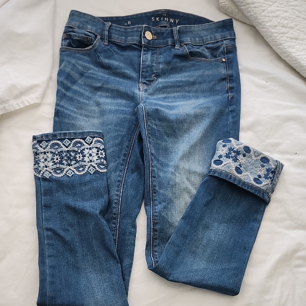 White House Black Market Blue Skinny Jeans with Embroidered Cuffs